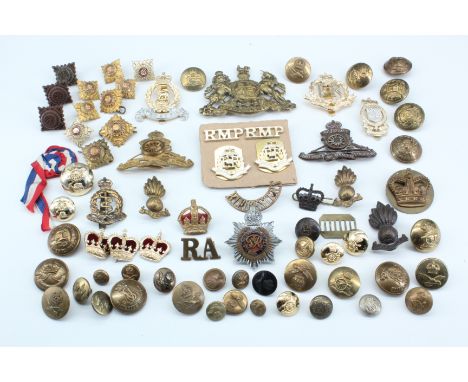 Sundry British army and other cap and rank badges, buttons etc, including a George VI RASC enamelled forage cap badge