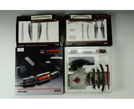 A Marklin Z gauge model railway set, comprising starter kit 81569 with a steam locomotive, an electric locomotive and two wag