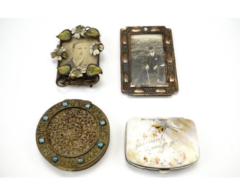 A French powder compact decorated with glass cabochons, together with two vintage photo frames and a mother-of-pearl purse, l