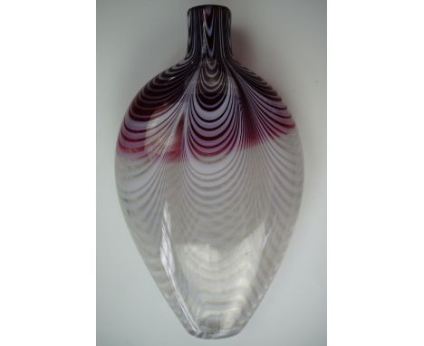 A 19th Century Nailsea flask, having an achromatised red body with white "feathers", 20 cm