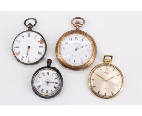A selection of pocket watches, comprising two early 20th Century continental silver fob watches having enamel dials, (a/f), a