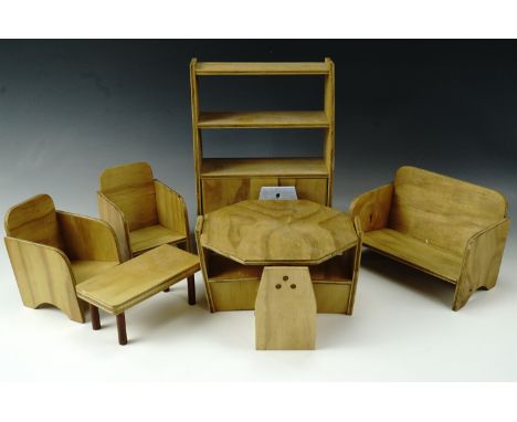A quantity of vintage large dolls' house furniture together with two boxed porcelain children's tea sets etc 