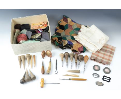 [Sewing interest] A selection of rug hooking tools, including an example with an antler handle, home made proddy tools, croch