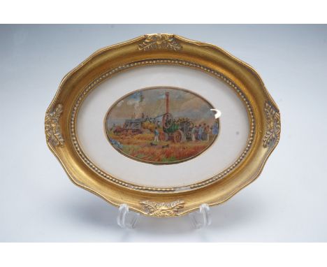 A miniature oval rural watercolour, depicting a steam traction engine belt-driving machinery with attendant labourers, early 