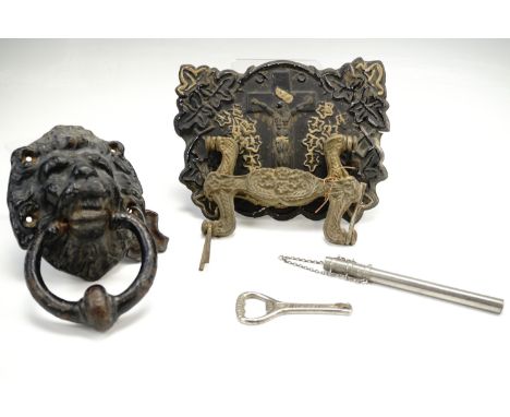 Sundry collectors items including a cast iron lion's mask door knocker, coffin furniture, a Victorian thermometer case etc