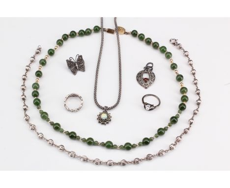 A selection of silver jewellery, comprising a jade bead necklace with gilt beads and box clasp marked "silver", 47 cm, a neck