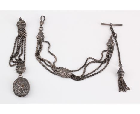 A fancy watch chain or Albertina, formed from four alternating chains with a decorative slide and a tassel at the button end,