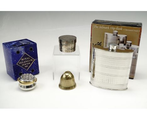 A boxed Royal Selangor Pewter lidded pot together with a similar lidded pot and a Selmark Pewter planished hip flask etc