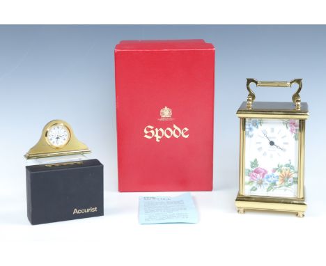 A boxed Spode carriage clock with quartz movement together with a "Accurist" miniature quartz clock, Spode 19 cm