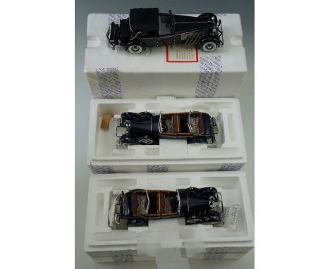 Three large boxed Franklin Mint die-cast model cars; two 1926 Mercedes-Benz Model K and a 1940 Duesenberg