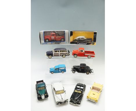 Ten die-cast model cars including a 1958 Cadillac, 1937 Ford Pick-up, 1955 Chevrolet etc