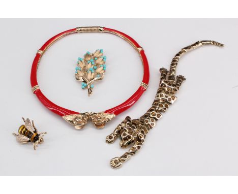 A group of costume jewellery including a Trifari floral brooch, with turquoise coloured berries, an enamelled bee brooch, an 