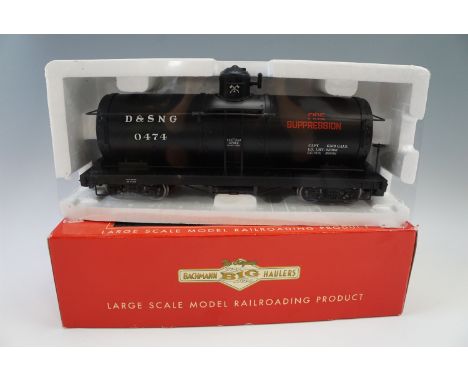 Four boxed Bachmann Big Hauliers garden model railway including "L 20'" Gondola, two "G" wood ore cars and an "L.S" tank car,