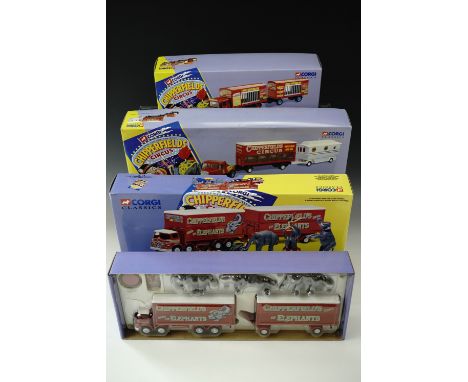 Three Corgi Classics "Chipperfields Circus"; AEC cage truck and trailer 97889, Scammell Highwayman trailer and caravan 97885,