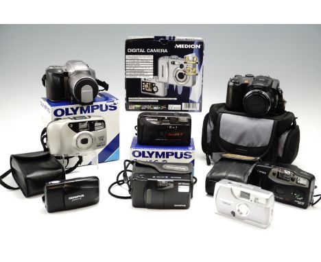 Sundry cameras comprising a Fine-Pix "S402Z" camera, Olympus "IS-200" camera, Medion digital camera, AGFA "Isolette" camera, 
