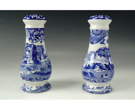 A pair of Spode blue and white salt and pepper pots, 17 cm