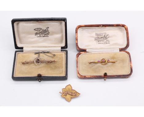 Two bar brooches, one with a seed-pearl set horseshoe in a fitted retailer's case for Thompson Curry, Hexham, one set with th
