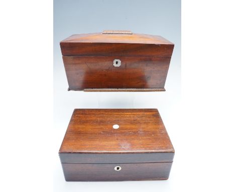 A Regency mahogany sarcophagus-form tea caddy (a/f), together with a Victorian rosewood workbox, 32 x 16 x 17 cm and 25 x 17 
