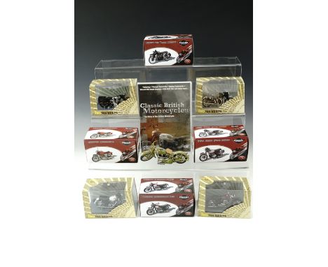 Four boxed 1:24 scale classic motorbikes, four cased IXO Museum motorbikes and one other