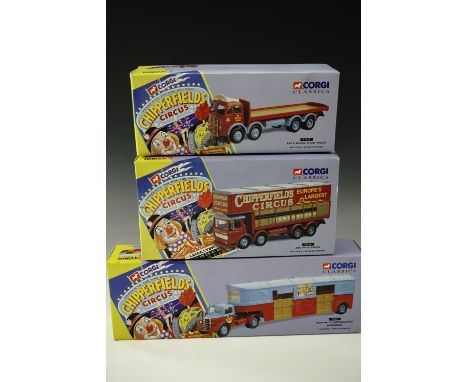 Three Corgi Classics "Chipperfields Circus"; ERF 8-wheel rigid truck 97957, AEC pole truck 97896, Bedford articulated horse b