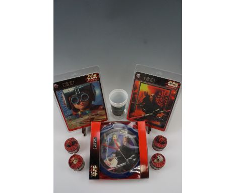 A quantity of Star Wars Episode I toys and memorabilia including a Jedi / Sith wall clock, a Darth Maul key-ring, a poster, a