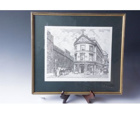 After K Robinson, "The Carlisle Arms, 1898", monochrome print of a line drawing, together with  a framed sepia photograph of 