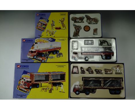 Three Corgi Classics "Chipperfields Circus"; Liberty Horses 31901, Foden S21 articulated tank trailer 14201, ERF KV Arctic wi
