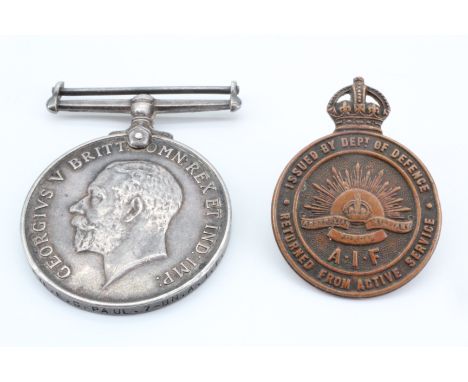 A British War Medal to 1806 Pte E C Paul, 7th Battalion AIF, together with an Australian Department of Defence "Returned from