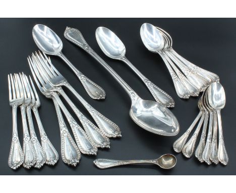 A part set of silver flatware, some bearing a family crest (1453 g) together with an electroplate basting spoon of the same p