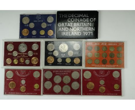 Cased coin sets including "EII R 1965", "Farewell to the £.S.D system", "QEII half crowns 1953-1960" etc