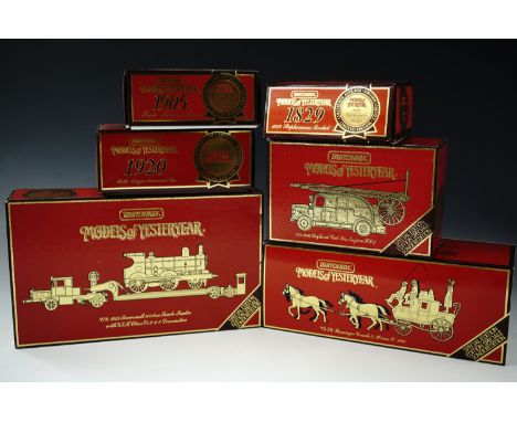 Six boxed Matchbox "Models of Yesteryear" including a 1929 Scammell 100 ton truck and trailer with locomotive, Passenger coac