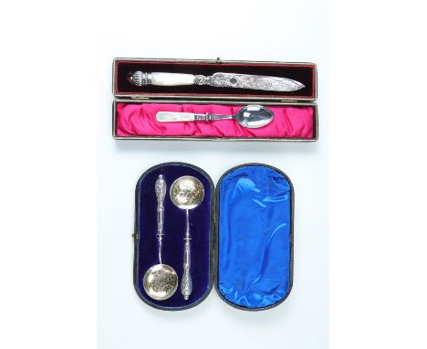 Cased electroplate spoons, a cased electroplate cake knife and an electroplate and mother-of-pearl preserve spoon