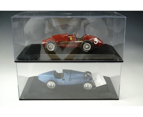 Two cased die-cast racing cars; CMC Bugatti Type 35 Grand Prix 1924 and a Motorbox Ferrari 500 F2 1:18 scale