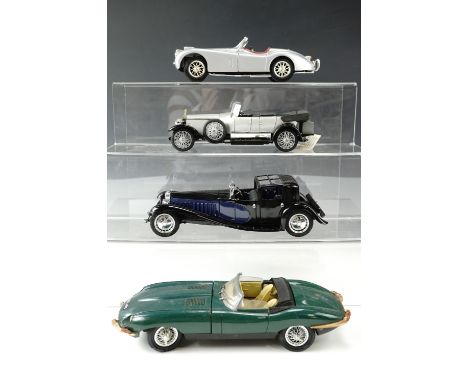 Four 1:18 scale die-cast model cars; Jaguar XKE, 1930 Bugatti Royale, 1925 Rolls Royce Silver Ghost, 1948 Jaguar XK120