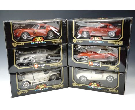 Six boxed Burago 1/18 scale die-cast model cars including a Ferrari 250 GTO 1962, Jaguar E-Cabriolet (1961) etc