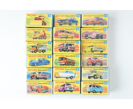 Eighteen boxed Matchbox Superfast die-cast model cars etc