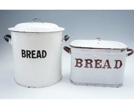 Two enamel bread bins, tallest 31 cm