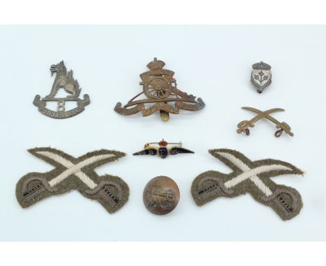 An 8th Punjab Regiment cap badge (a/f), an RFC sweetheart brooch, army PTI qualification badges etc