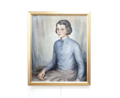 Hugh Joseph "Huseph" Riddle (1912-2009), Portrait of a young lady, half length on a plain background, oil on canvas signed lo
