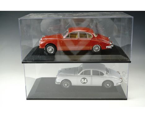 Two cased 1:18 scale die-cast model Jaguar MKII cars