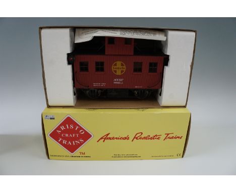 Two items of Aristocraft garden model railway rolling stock, track cleaning car and Bobber caboose