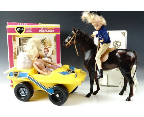 Two Sindy dolls, "Magic Cooker", wardrobe &amp; clothes, Sindy buggy etc