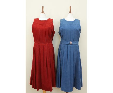 Two vintage Droopy &amp; Browns corduroy dresses, one having a floral enameled belt clip, label size 14