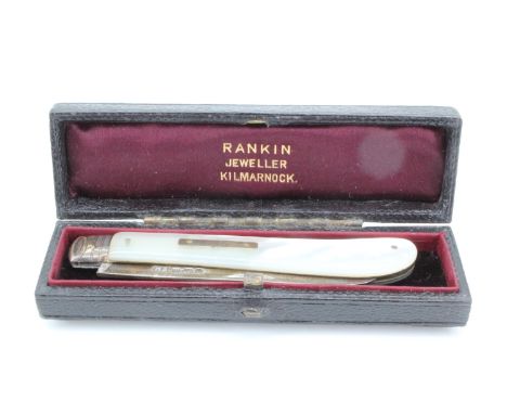 A Victorian mother of pearl handled silver fruit knife, in a leather retailer's case for Rankin, Kilmarnock, Sheffield, 1885,