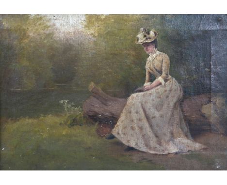 ATTRIBUTED TO LEGHE SUTHERS (1856-1924) A lady seated upon fallen tree trunk holding a book, oils on canvas, 29.5 x 42cm Prov