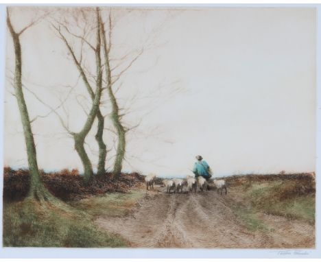 WILLIAM TATTON WINTER (1855-1928) A shepherd driving sheep in a landscape, etching in colours, pencil signed in the margin, 3