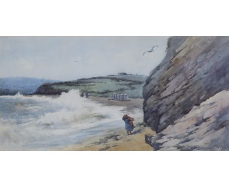 CLAUDE HAMILTON ROWBOTHAM (b. 1865) 'A Rough Day, Gyllyngvase Beach, Falmouth', signed, watercolour, 17 x 35cm
