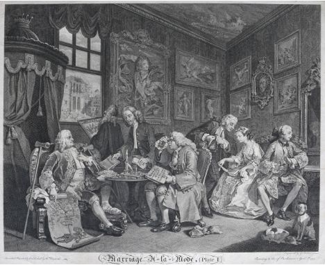 G SCOTIN, B BARON AND R.F. RAVENET AFTER WILLIAM HOGARTH 'Marriage à la Mode', engravings, plates I to VI, 38 x 46cm, all unf