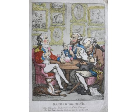 THOMAS ROWLANDSON 'Raising the Wind', etching, hand-coloured, 35 x 24.5cm; three further to include": 'Soldiers on a March' '