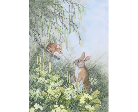 CHRISTOPHER SCALES (20TH CENTURY) A woodland in spring with hare and mouse, signed, watercolour and body-colour, 35 x 25cm